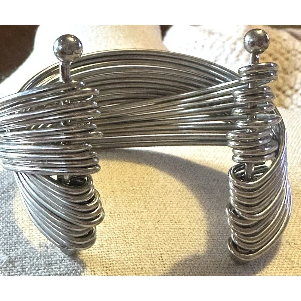 Silver Tone Multi Wire Wrap Cuff Bracelet Wide Open Crossover Statement